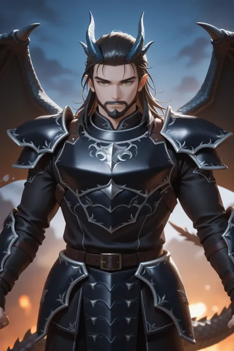 1boy,black hair ,long mullet hair, short beard, black dragon wings, two dragon horns, black dragon tail ,cowboy shot,(light leather armor)