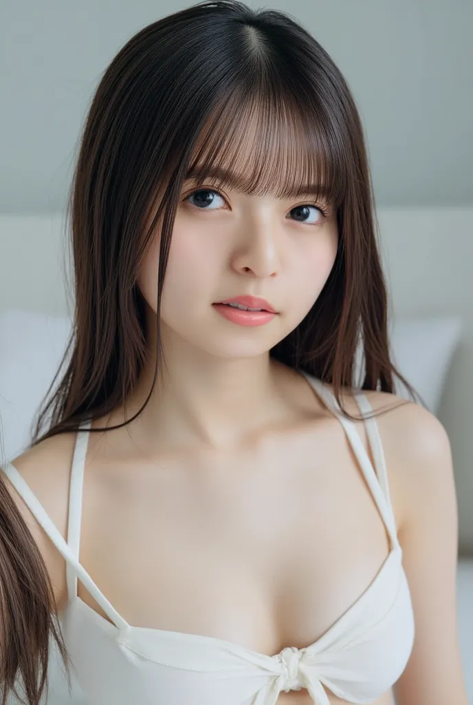 delicateな18歳の少女,dark brown semi-long hair,beautiful face,wet white cropped t-shirt, white thong,bed,4K,High Quality,Photo,extreme detail,realistic texture,professional,Vivid Colors,Bokeh,,Emotional,delicate,romantic,portrait