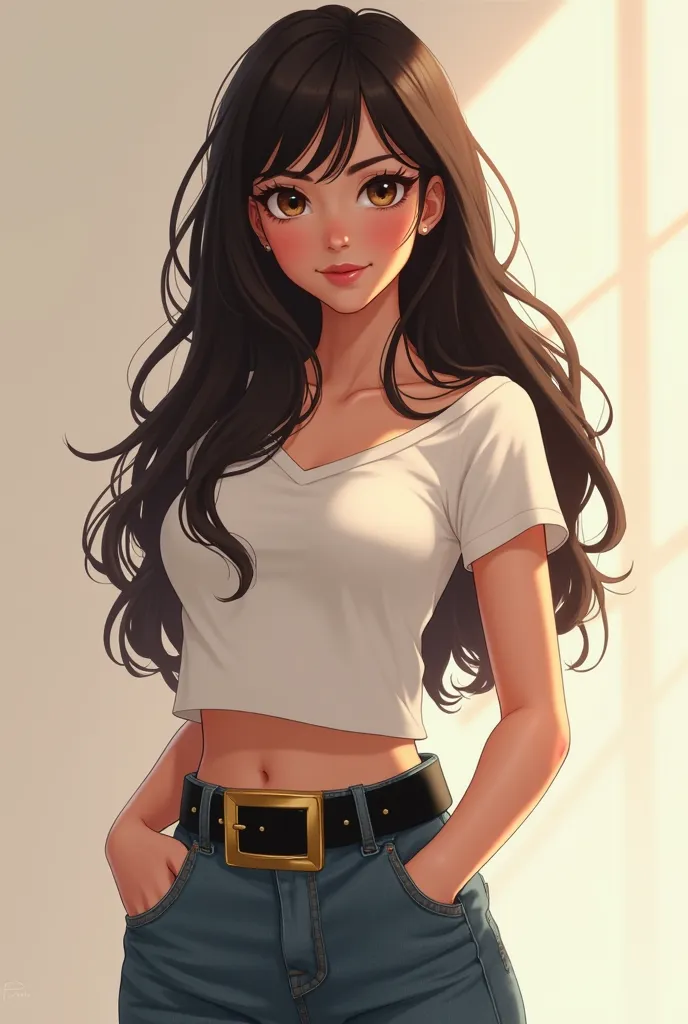  sensual expression　  t-shirt　  jeans　 Thick Black Belt 　 square gold buckle　smile　With bangs　  long hair　 animation