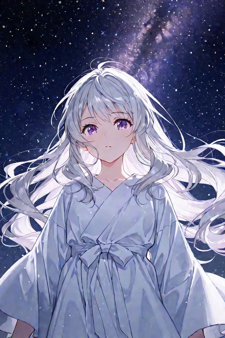 gray hair close to white,  long hair,  purple eyes, pretty girl, light novel,  Flowing Down , Starry Sky, Robe