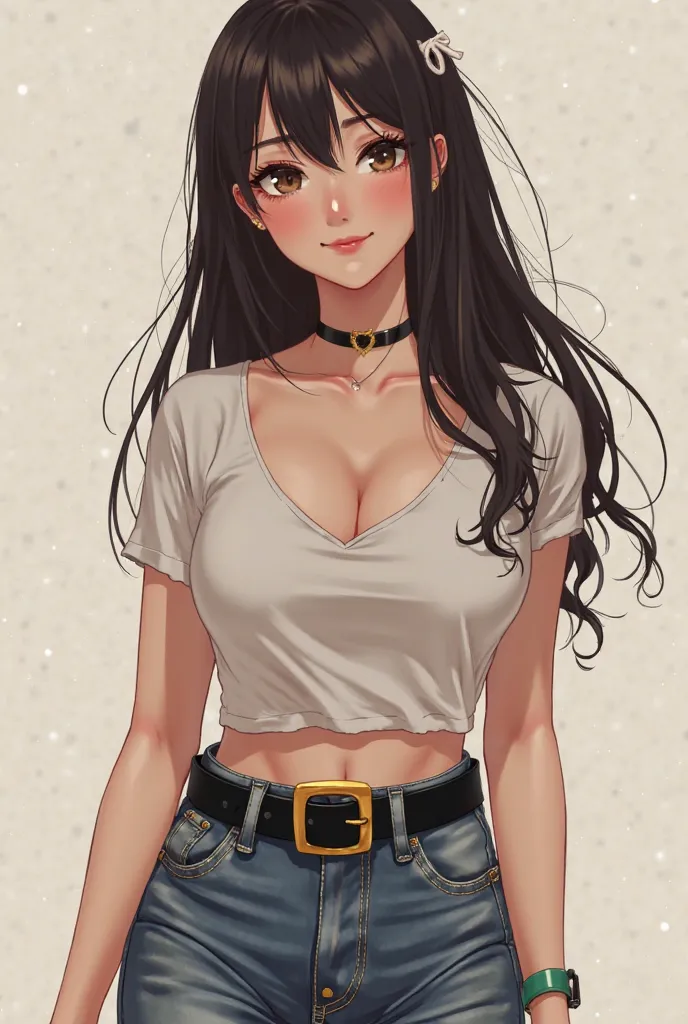  sensual expression　  t-shirt　  jeans　 Thick Black Belt 　 square gold buckle　smile　With bangs　  long hair　 animation