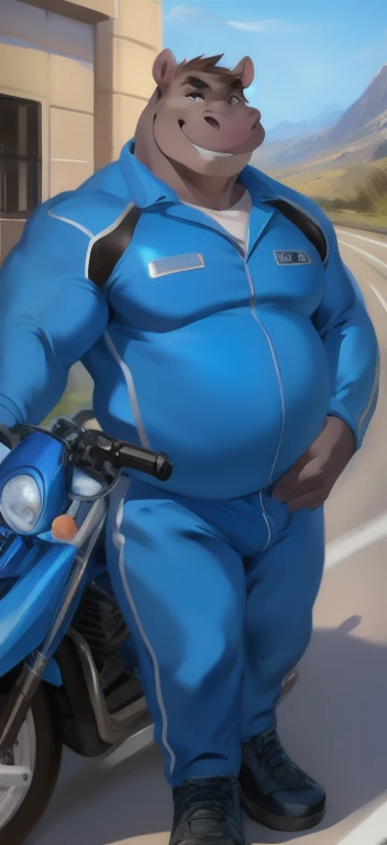 alone , Male tall ,huge body​, Riding a motorcycle on the go., road,hippo ​ , Blue Military Spacesuit, Wear a blue scarf., Overweight , strapped muscles , Smirk, by chunie