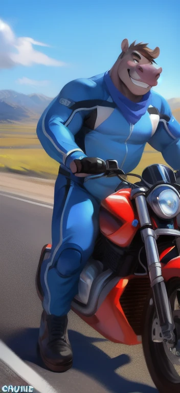 alone , Male tall ,huge body​, Riding a motorcycle on the go., road,hippo ​ , Blue Military Spacesuit, Wear a blue scarf., Overweight , strapped muscles , Smirk, by chunie