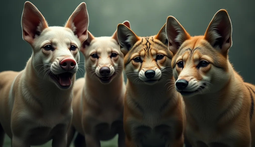 a dog, a pig, a cat and a coyote with the face of people. that transmit fear