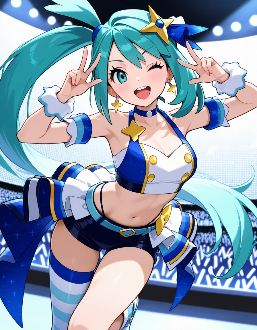 (masterpiece), (best quality), (ultra-detailed), (illustration),list (Pokemon), hair ornament, aqua hair, crop top, ;d, thighhighs, w, sidelocks, tongue, Idol, upper teeth only, teeth, smile, jewelry, earrings, choker, single thighhigh, striped thighhighs,...