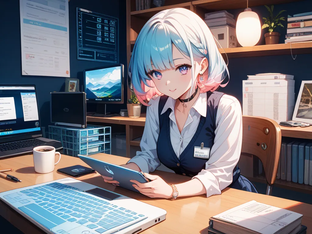 An anime-style girl with a confident and intelligent expression, symbolizing success in investing. She has bright, focused eyes filled with determination and pastel-colored hair styled in a trendy way. Wearing a stylish yet professional outfit, she is sitt...