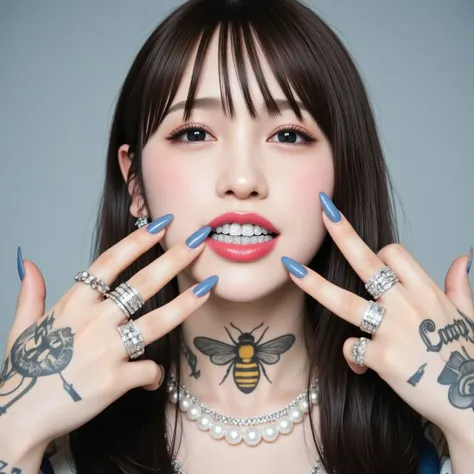 A striking Japanese woman with jet-black straight-cut bangs, bold cat-eye makeup, and deep red lips, exuding a mix of underground street culture and high-fashion elegance. She gazes directly into the camera with an intense yet playful expression, her mouth...