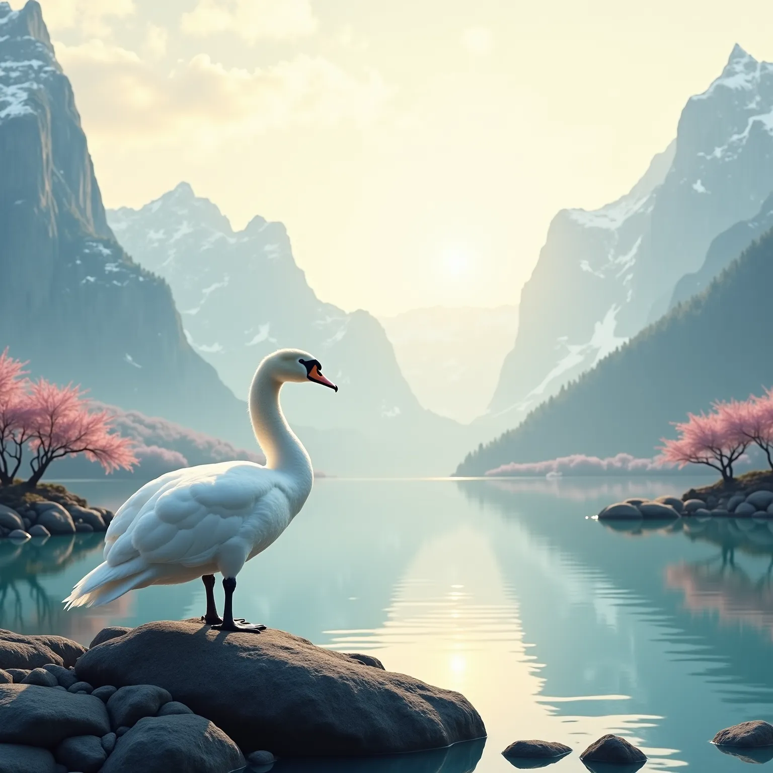 A majestic white swan stands on a rocky outcrop, its wings elegantly spread wide, overlooking a tranquil lake. The scene is set in a breathtaking fantasy landscape, surrounded by towering snow-capped mountains and delicate cherry blossom trees. Soft golden...