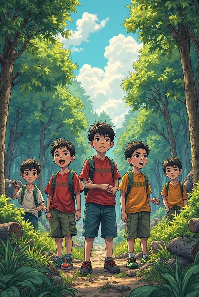 A comic with cartoons without dialogue: four boys make a protest in a forest that is being cut down manga style 