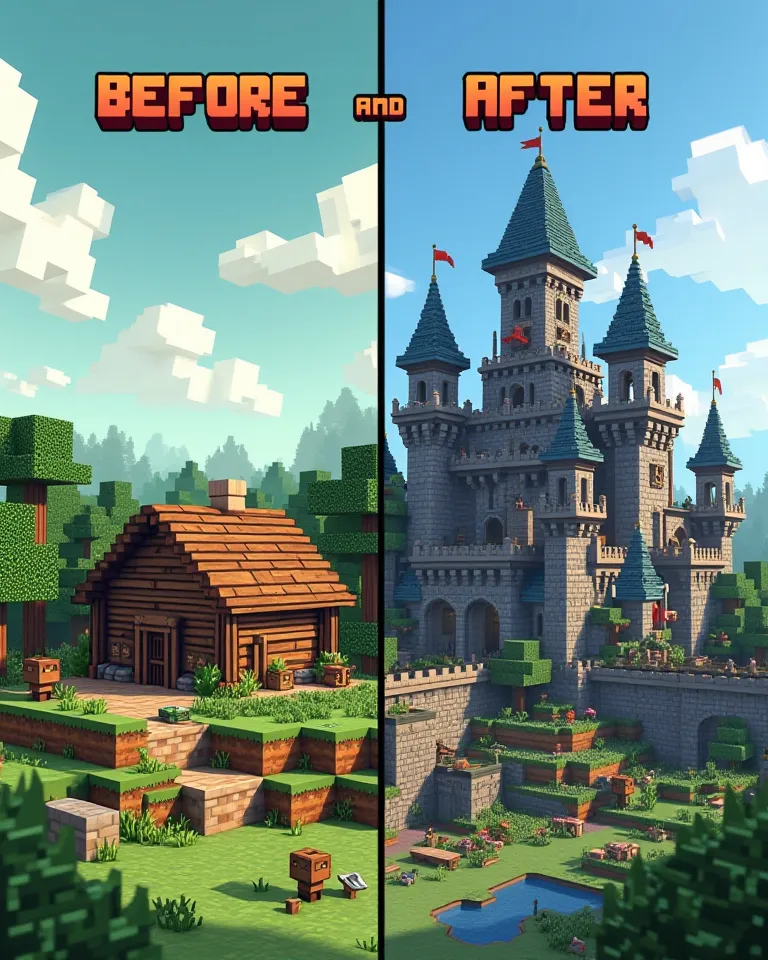 Here is a detailed prompt for generating a Minecraft-style image with the text "BEFORE and AFTER":

"A Minecraft-themed scene split into two parts. On the left side, labeled 'BEFORE,' there is a simple wooden house with basic tools, a small farm, and a pla...