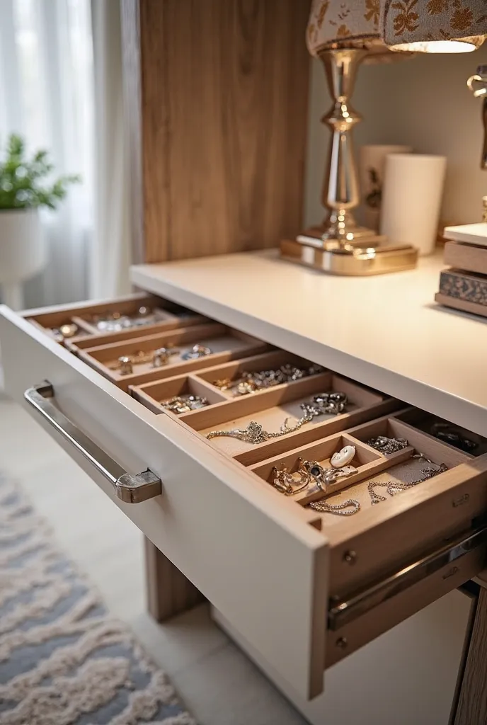 A modern drawer with jewelry, necklaces, earrings and rings 