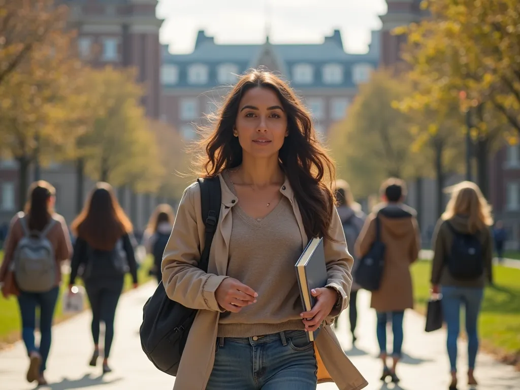 Priscila walking around the university campus,  with an expression of wonder and emotion . Around you, students walk, some carry books, others talk in groups. The background shows university buildings and trees.
