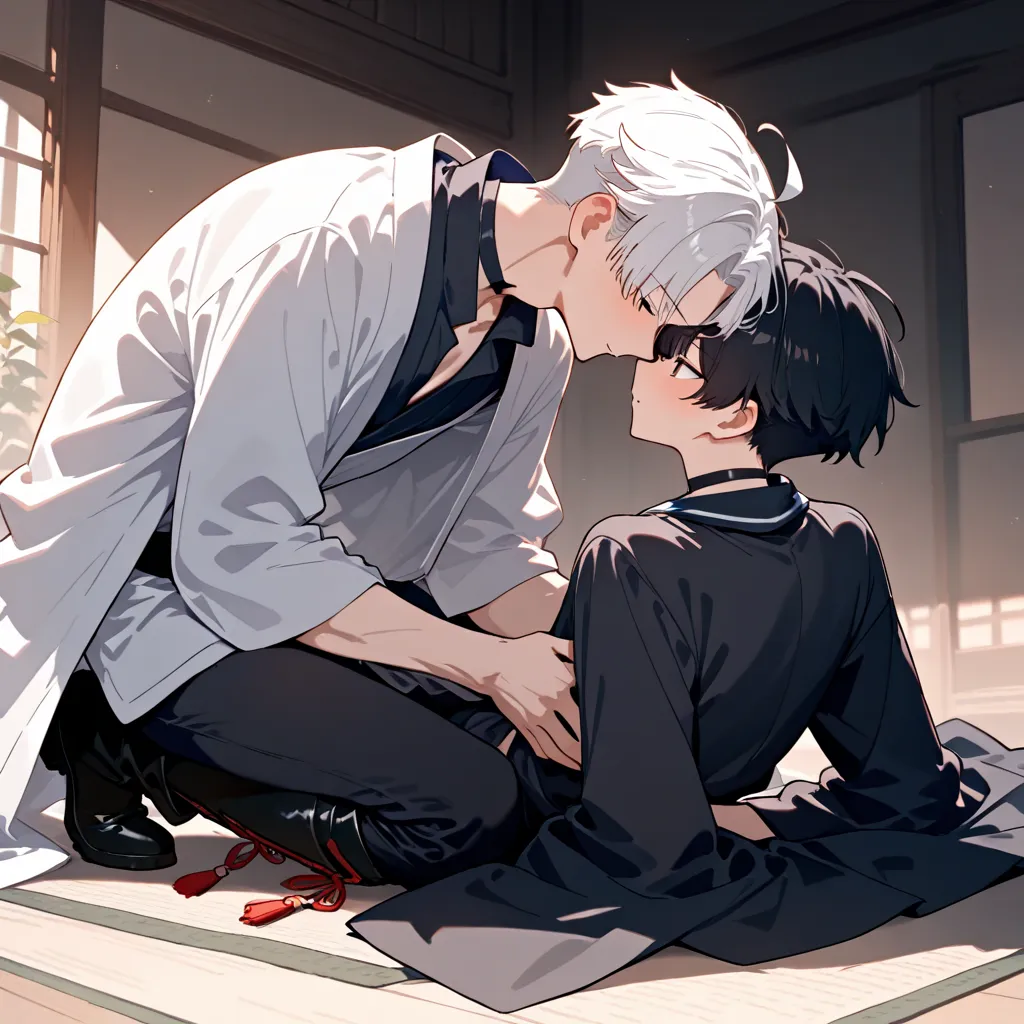 masterpiece, high score, great score, absurdres, 2boys,yaoi,male penetrated,male focus, (duo:1.1), (couple:1.2),short white hair, parted bangs, side fringe, toned,twink,black haori,white kinono, black obi,open collar shirt,black choker,black skinny pants,b...