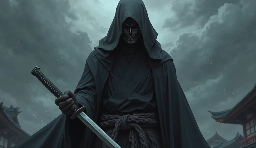 Barely visible Samurai:1.5 ((hiding)), Realistic, holding an unsheathed Katana, Black clothing, Anime Quality, Bad Weather, hidden face, wearing a Mask, Horror, Reaper clothing, up-close, Epic Thumbnail, Portrait shot