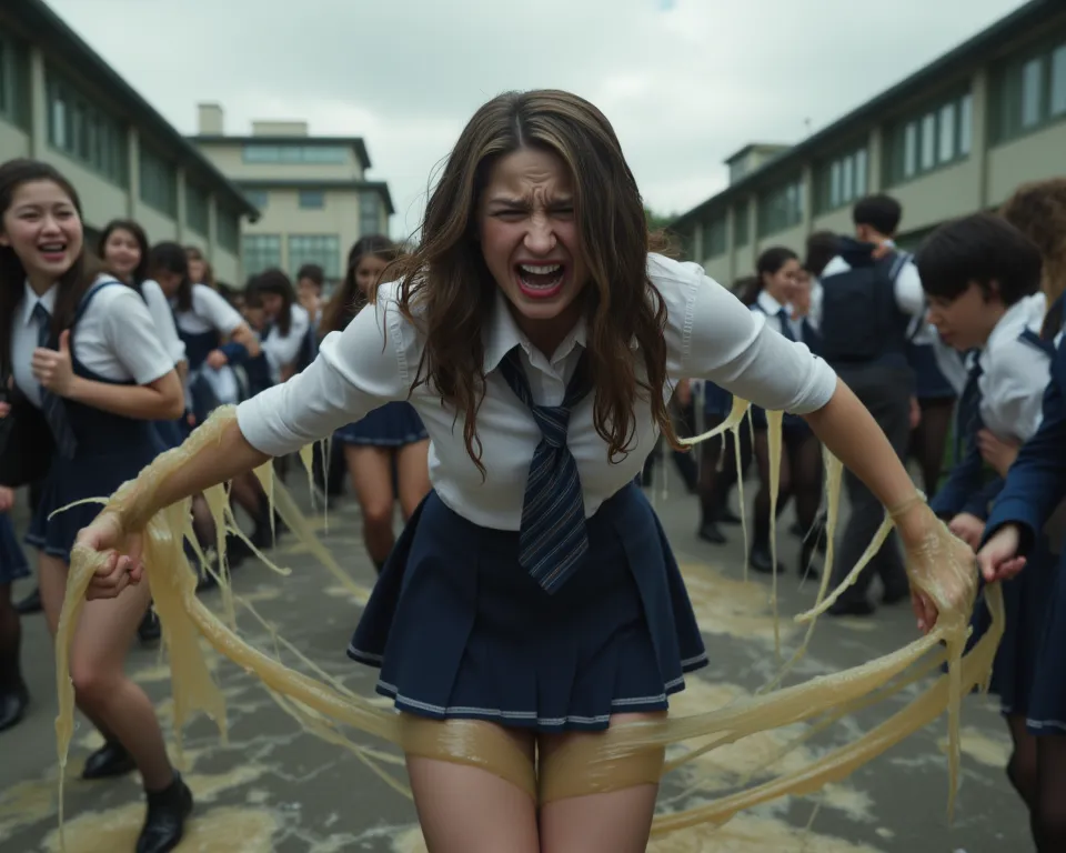 Female students in uniform are eaten by giant slime。
 she is screaming in so much pain。
She has wide open thighs。
Slime is slurping her 。
実写風
彼女はtearsを流しながら助けを求めている
号泣，tears