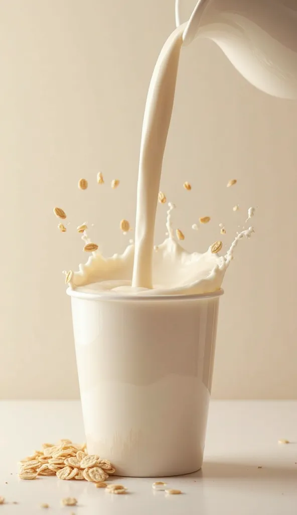 Create an oat drink with milk pouring from the cup that looks delicious in high quality 