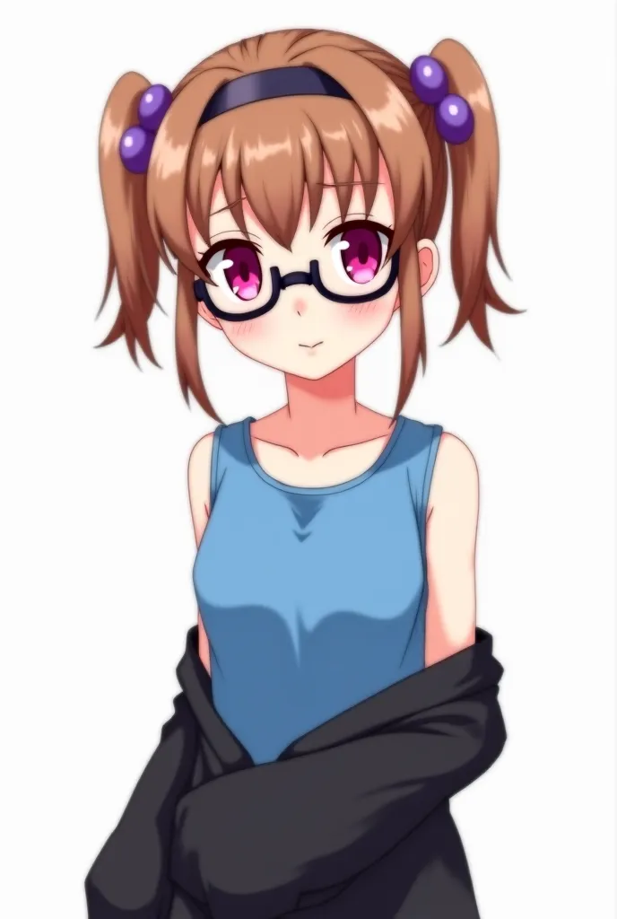 fondo blanco, and in the foreground a female character,  with brown hair , Hairstyle, two small tails backwards, round purple crown on her head, pink lenses with black glasses on her face, blue t-shirt a little stuck together, sleeveless, thick straps, wit...