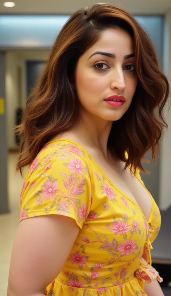 Hot and sexy woman, gigantic breasts, cleavage, wore stylish and design hot and sexy yellow and pink colour saree (printed Design), standing in laboratory (afternoon time), standing & model pose, beautiful body, masterpiece, ultra realistic,detailed, 16 k ...