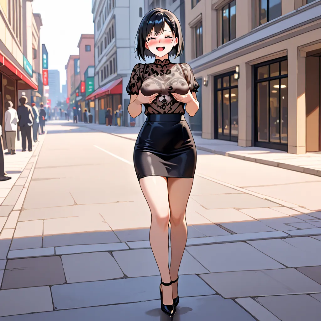 round ecstasy ecstasy face, stylized hentai anime moment, blush, open mouth, shame smile, see through lacy blouse with erect nipples, grabbing breast, medium breasts, grinding tall bollard her panties for self pleasure, pencil skirt, windy black hair, squi...