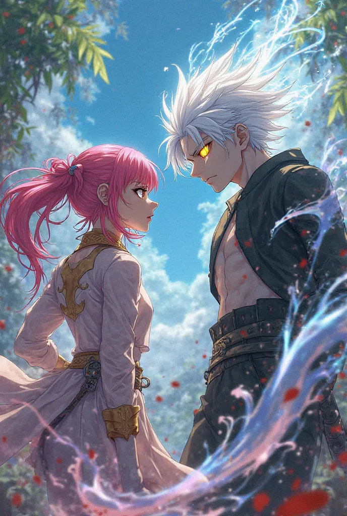 A pink-haired girl fighting a white-haired, yellow-eyed anime-style boy the height of normal people  