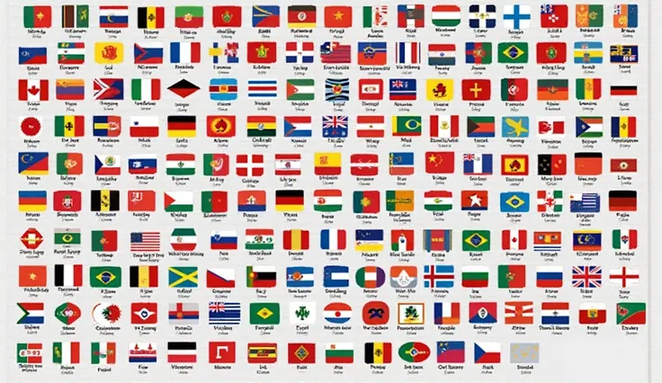 Create a high-resolution digital illustration featuring the flags of all 195 countries of the world. Each flag should be accurately depicted with its correct colors and proportions. Arrange the flags in a visually appealing layout, such as a large grid or ...