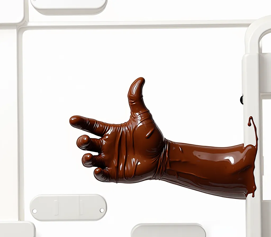 Real hand covered in chocolate with care taken to show the details of the hand. There is chocolate covered hand completely with liquid. This is a hand holding and appearing from the right of the screen. With white background 