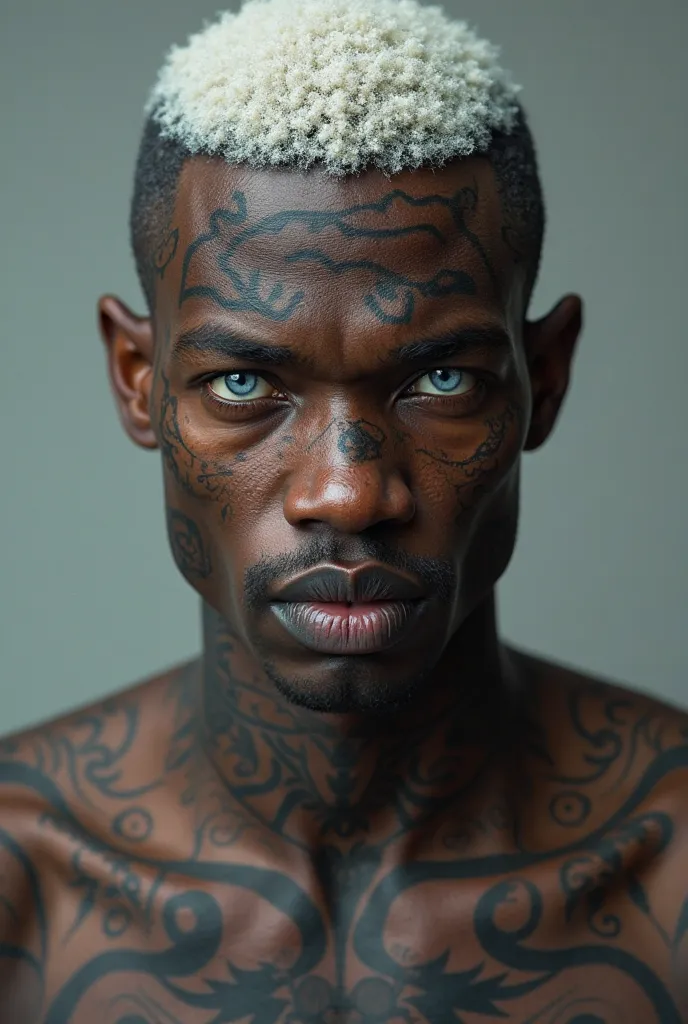 Create an image of a young black man, With white hair and blue eyes full of tattoo 