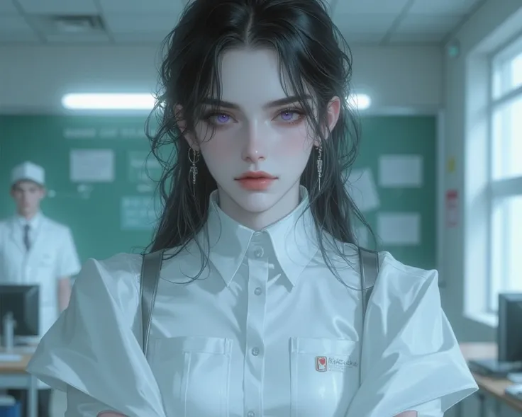 ager, hospital background, looking at the audience, classroom, Wear a white medical uniform, face, stone, bitter eyebrows ,Solo, Hair highlights, I&#39;m coloring it.,  purple eyes, smile, 