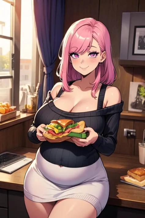 Perfect face. Perfect hands. A pink haired woman with violet eyes with an hourglass figure and a giant baby bump in a sweater dress is smiling while eating a sandwich in a Gothic office