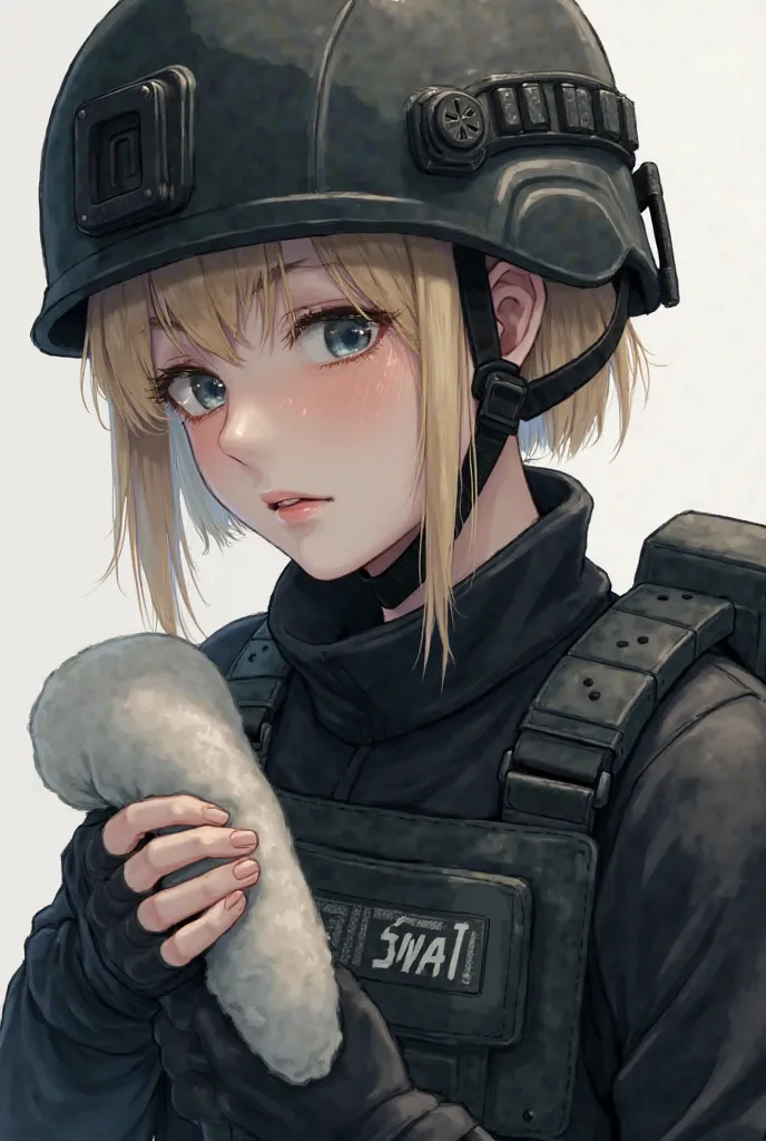 A woman who has short blond hair, black SWAT shirt, black soldier's helmet, that this would be or crying that she is very tender with super white skin, a white padded handle. 