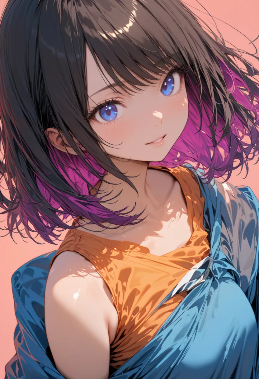 (top quality:1.2, very well detailed, latest, vibrant, high contrast, masterpiece:1.2, aesthetics at its best), girls, colorful hair leaving shoulders, bob cut the blue cloth, pastel color, ((solid color background)), light smile, shinkai style, shiny skin...