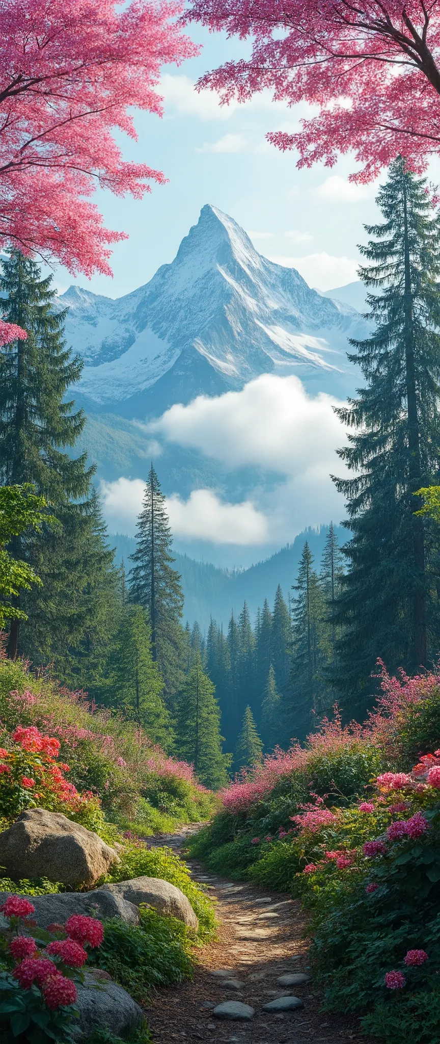 high image quality画像では、 Colorful images 、(Extremely Attractive VeCG Unity 8k Wallpaper)、Spring leaves dyed pink in the forest and spectacular snowy mountain scenery、Thick Fog、Award-Winning Photos、 Chromatic Aberration、 Include、high image quality、 Red flowe...