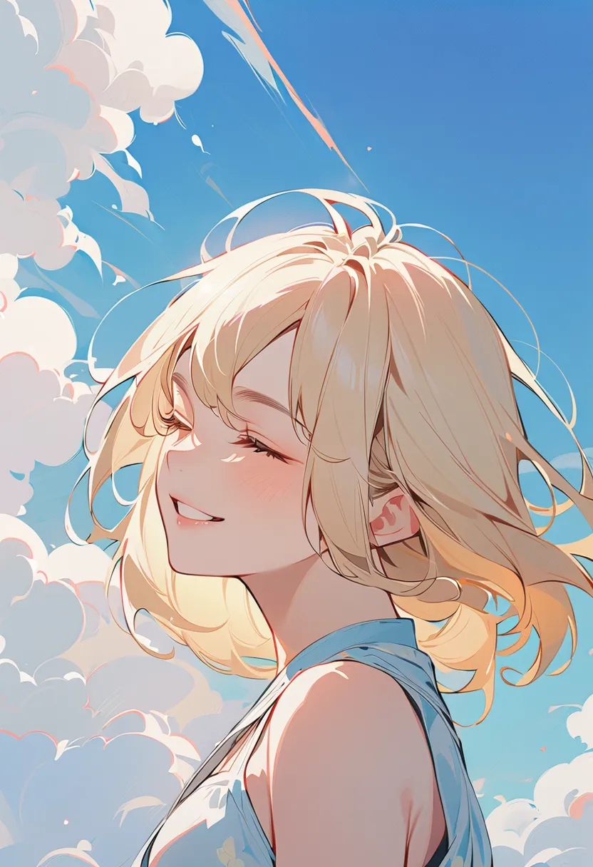 1girl, solo, closed_eyes, cloud, blonde_hair, blue_background, smile, upper_body