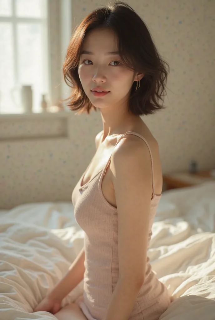 Full body of Beautiful Korean woman age 25, short hair and cup A, without makeup ,wearing a tank top pajamas, against background of bed room in late morning.