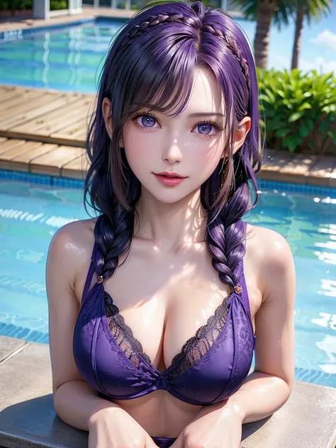 ((((Whole body:1.5 ))))、The seven-headed body、Small Face、（Top Quality、8k、Award-Winning Works、   Ultra High Definition)、beautiful woman、(((purple lace-braided bra:1.4)))、((white lace-knitted micro panties))、show off your perfect figure  ,( sexy cleavage :1....