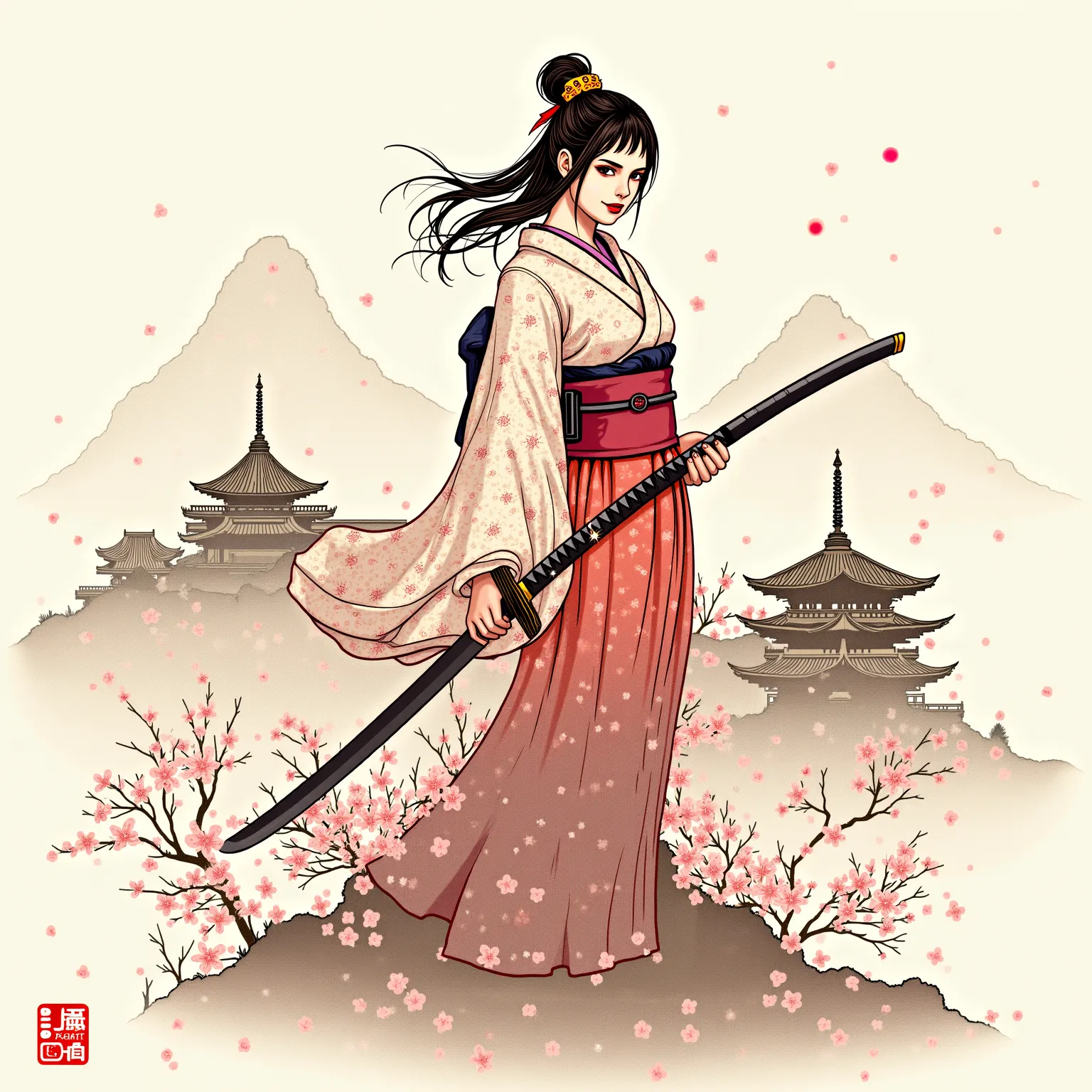 A stunning illustration in traditional Japanese ink painting style, inspired by Demon Slayer (Kimetsu no Yaiba). A fierce yet elegant warrior in a beautifully detailed kimono, holding a katana with a graceful stance. The background features a misty mountai...