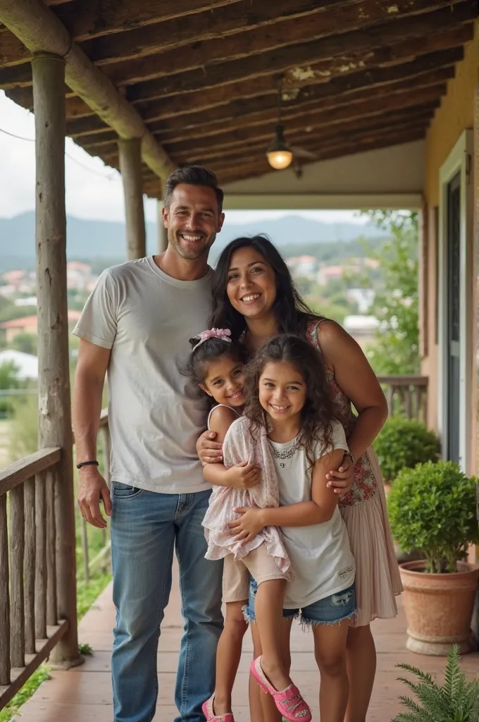 Photo of a young man with his back next to his mother, very happy to see him arrive and next to his wife with their two young daughters, aged five and three, on the porch of a house in a town in Venezuela, Guarico state 