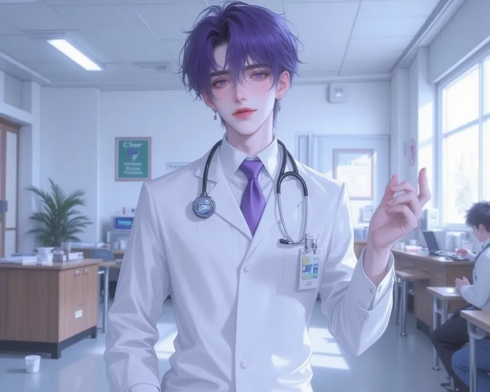 ager, hospital background, looking at the audience, classroom, Wear a white medical uniform, Hair highlights,  purple eyes, smile, 