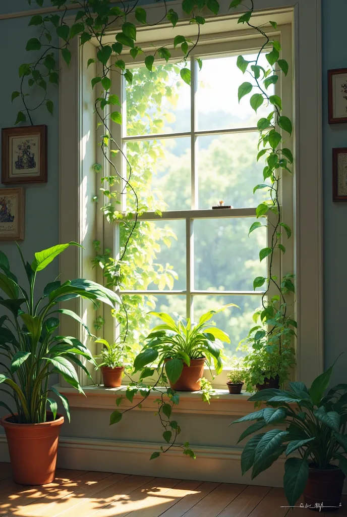 There is a room and it has a window in that window there is a plant which is escaping tha window for sunlight 