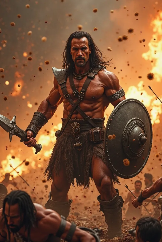 Create a dynamic, cinematic image of Conan, the barbarian Arnold Schwarzenegger, very muscular with a fierce expression, is in the midst of a brutal battle.. He wields a broad-bladed sword in one hand and a thorny apple in the other. His metal shield, stud...