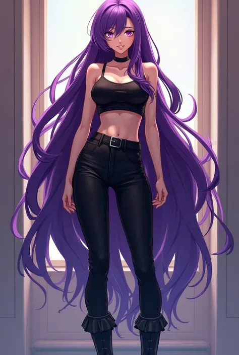 A tall anime-style woman, has long hair up to the waist in purple, purple eyes shirt, a curvy body, wears a tank top, long pants and boots in black