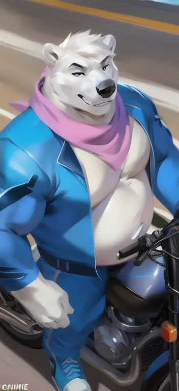 alone , Male tall ,huge body​, Riding a motorcycle on the go., road,Polar bear​ , Blue Military Spacesuit, Wear a pink scarf., Overweight , strapped muscles , Smirk, by chunie