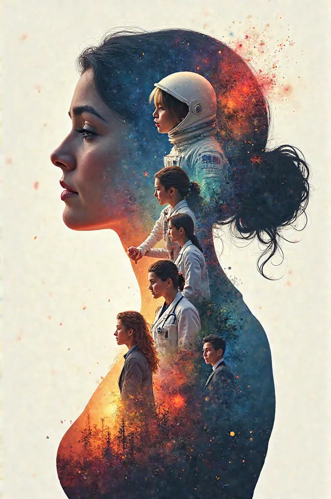 "A powerful digital artwork of a woman's silhouette, within which multiple women seamlessly emerge, each representing a distinct role—an astronaut reaching for the stars, a student deep in learning, a housewife nurturing her family, a doctor saving lives, ...