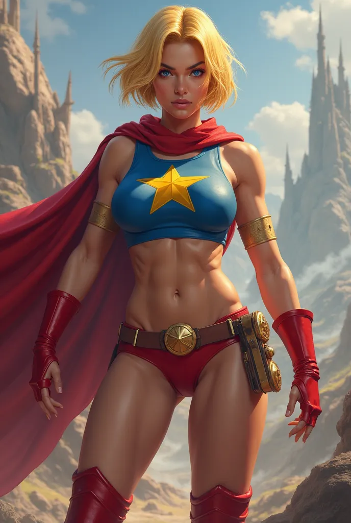 score_9, score_8, score_7, score_6, score_5, score_4, Lady Kana has short yellow hair and blue eyes. She wears a red cape, a tight blue drop-shoulder top with a yellow star mark on her chest, red bikini-style hero pants, and red long boots.