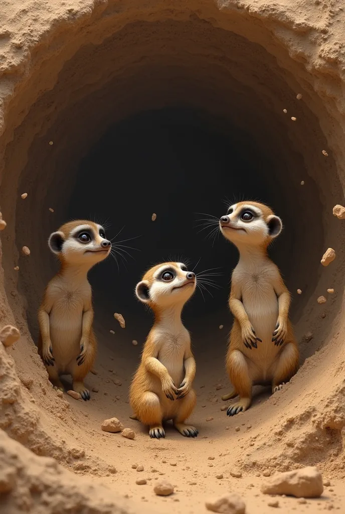 Three meerkats are digging a burrow deep in the ground.They are moving very fast.The meerkats are in the ground.