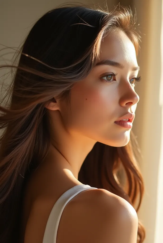 "Capture a side-view portrait of a beautiful young woman, showing only half of her face while Looking forward as she gazes softly into the distance. Her long, silky hair flows naturally in the wind, illuminated by warm, soft lighting to enhance its shine a...