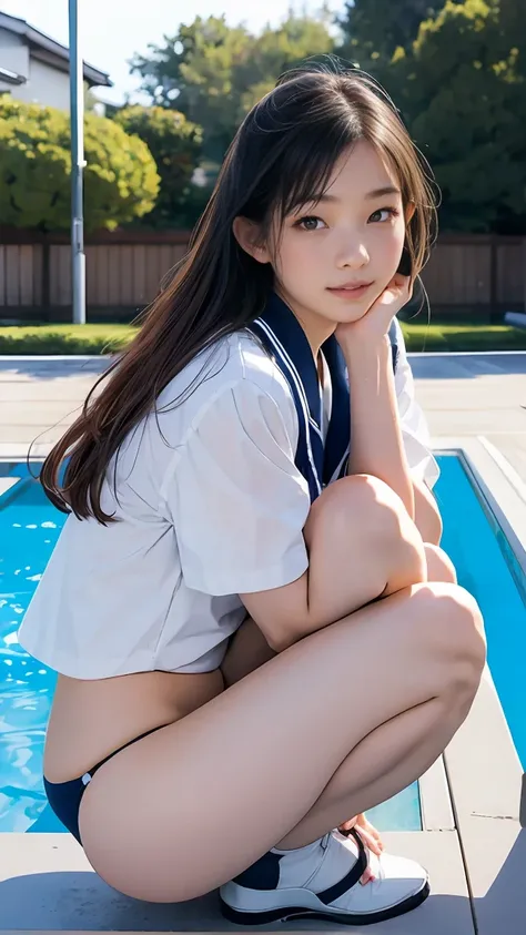 Japanese woman in sailor uniform sitting on a chair, realistic young gravure idol,  cute high school girl , a Dreamy school girl, Young and Cute Gravure Idol, Dreamy school girl, wearing Japanese , young gravure idol, Japanese girl , Japanese , young sensu...