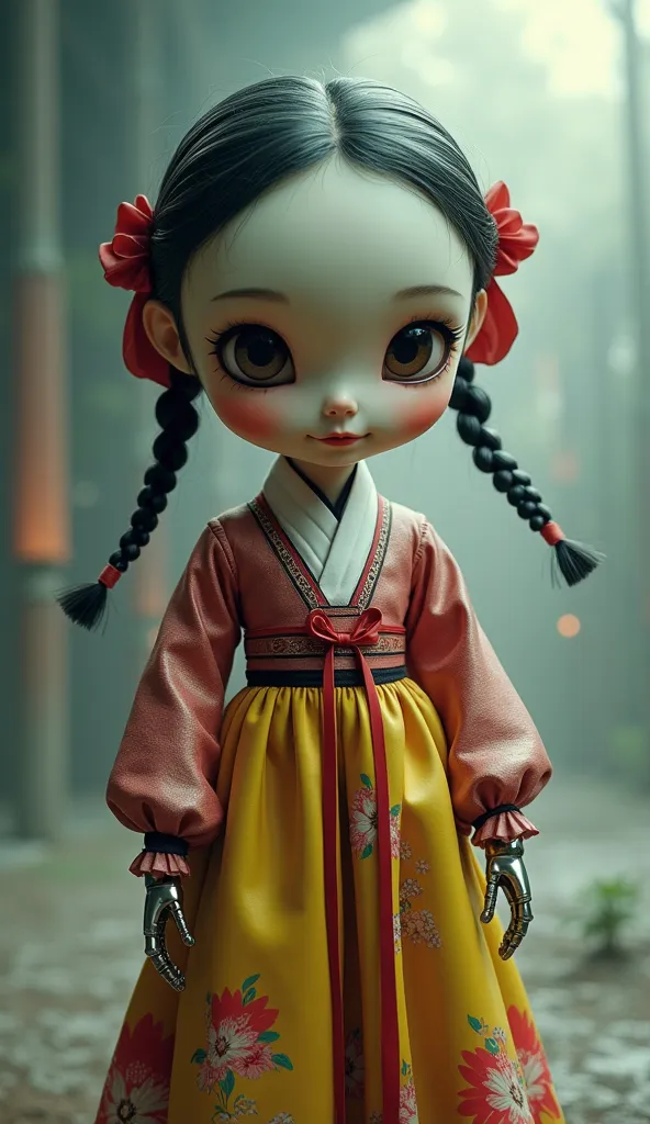 "Create an **extremely detailed, ultra-realistic, 8K ultra HD illustration** of the *Squid Game* Young-hee doll, designed to look like a life-sized, towering figure in a surreal, cinematic environment. Young-hee’s face is crafted with **porcelain-like text...