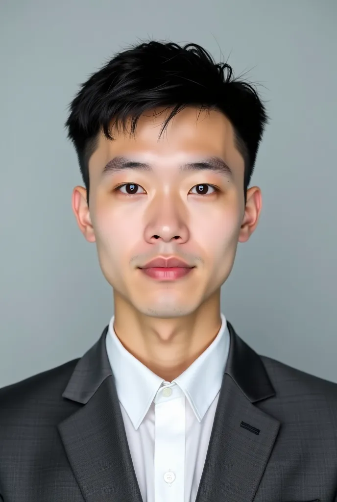 Official passport photo of chinese , short textured crop haircut, wearing charcoal gray business suit with white collared shirt, subtle monolid eyes, warm ivory skin tone, oval facial structure, facing front with neutral expression, professional studio lig...