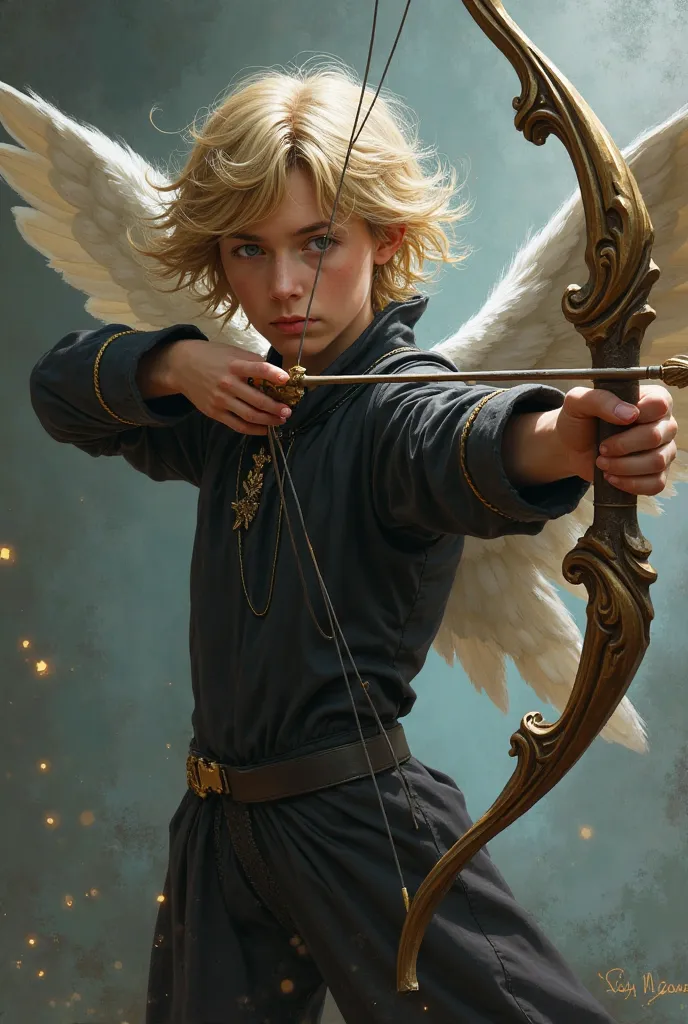 It has to be a Cupid with wings and black clothes and a bow and arrow with medium, wavy blond hair running over his shoulders.